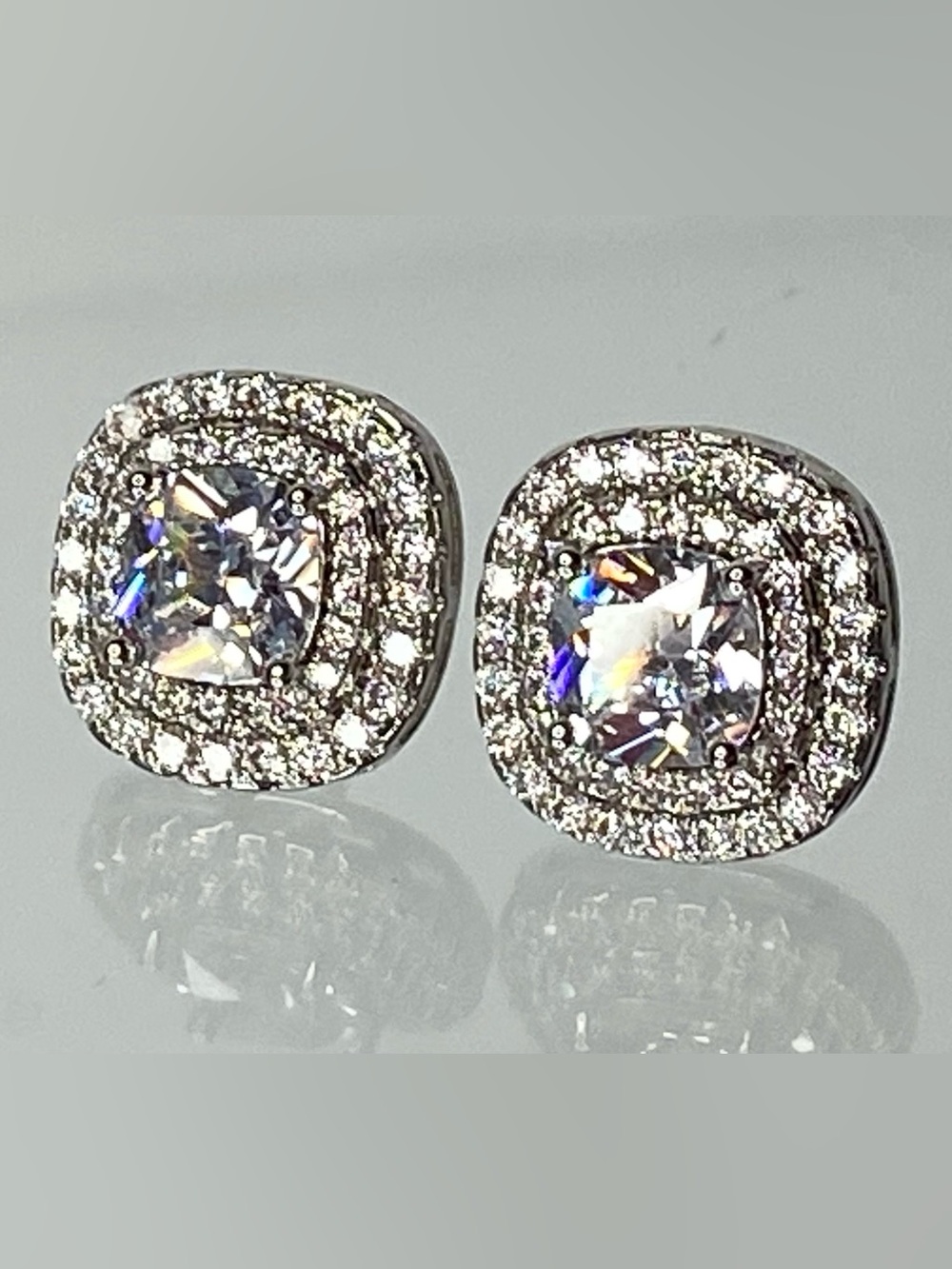 Classic White CZ Halo Stud Earrings - rhodium plated - Picture 3 of 5